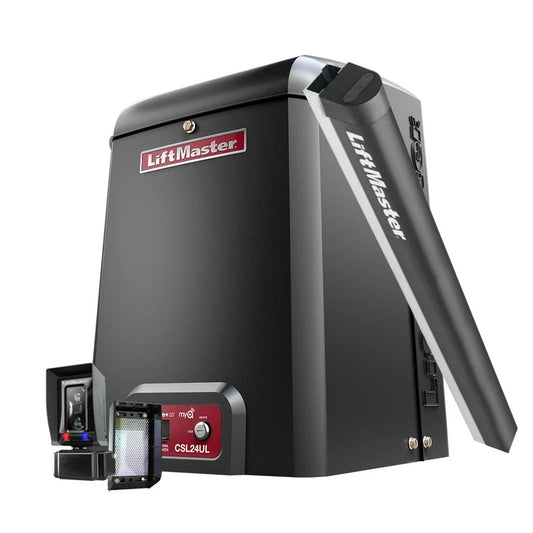 LiftMaster CSL24UL commercial slide-gate operator kit with LMRRUL photo eye and S505AL safety edge.